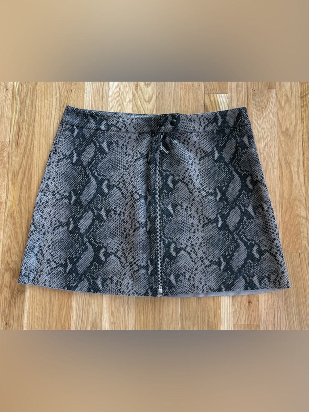 AllSaints Lena Oba Snake-Print Zip Leather Front Mini Skirt - Gray- US 10